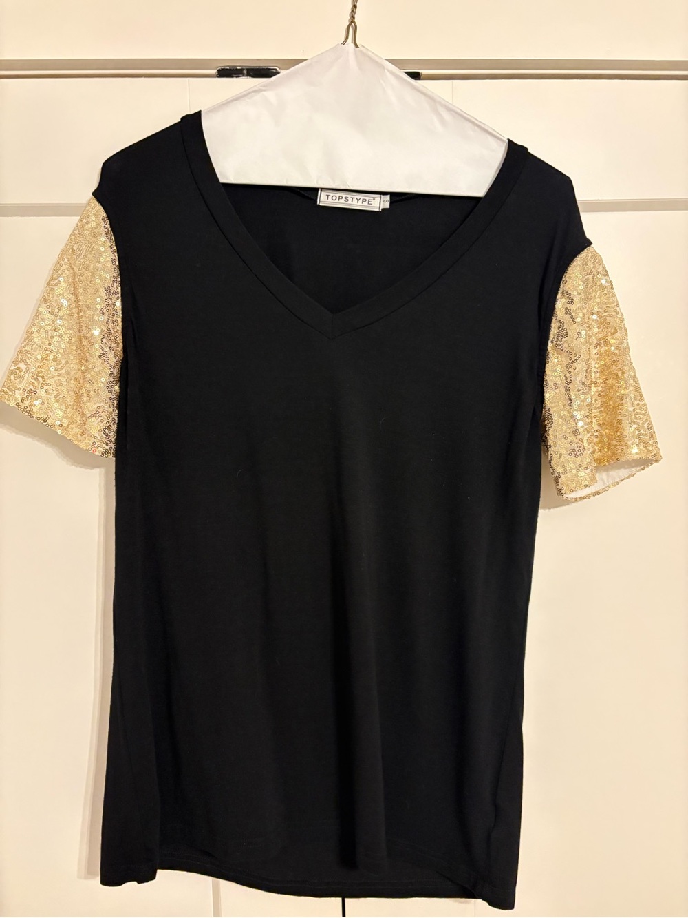 Black V-Neck Tee with Gold Sequin Sleeves